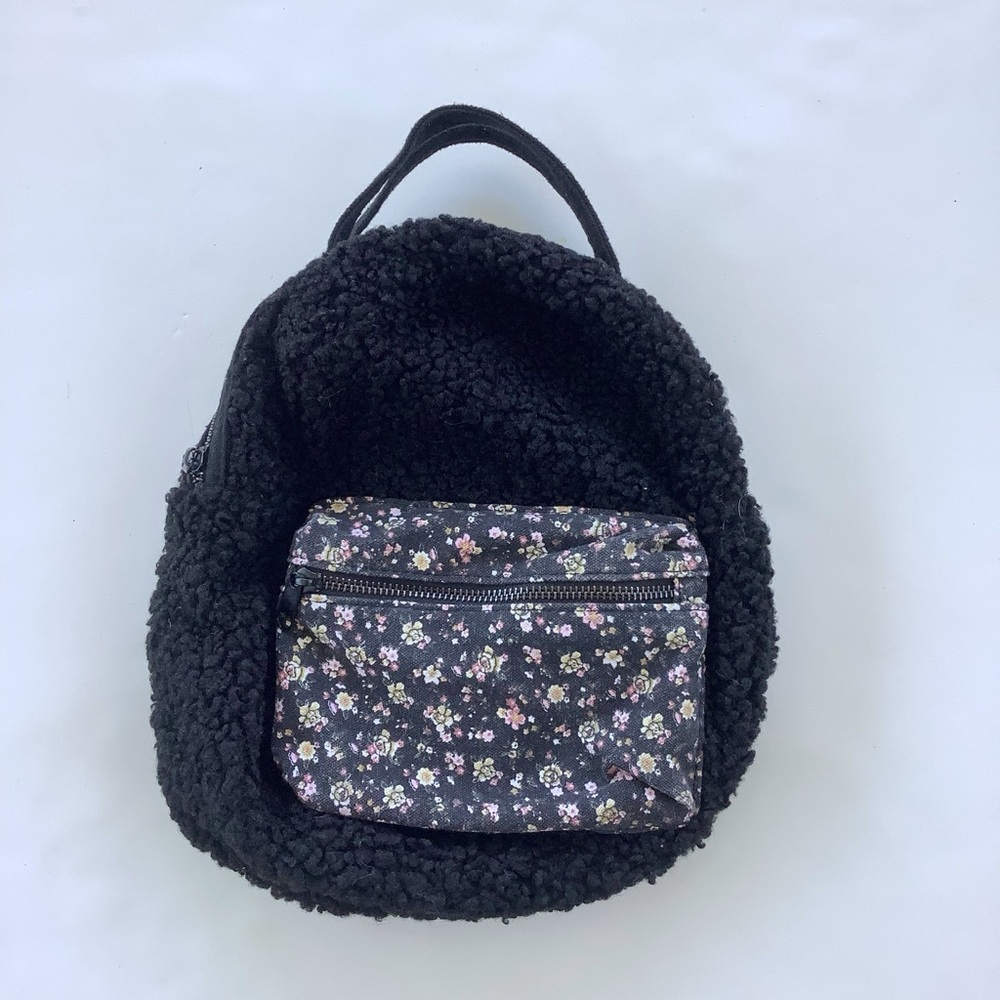 Black Sherpa Backpack Purse with Floral Front Pocket